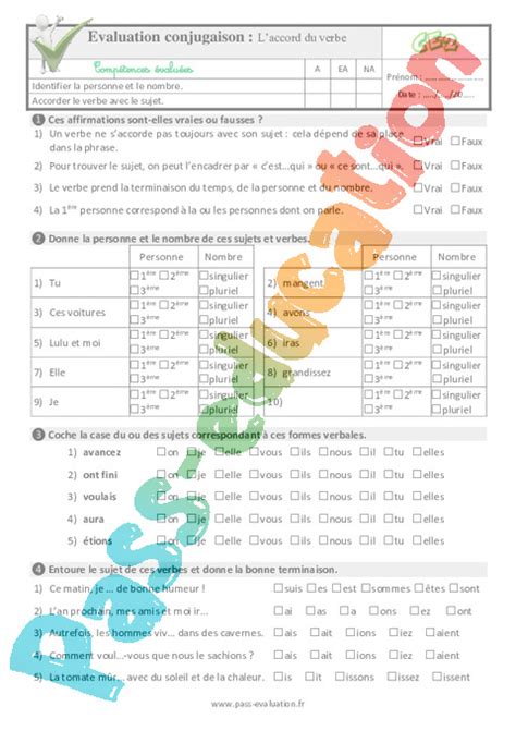 Evaluation Quiz Qcm Accord Sujet Verbe Ce Pdf Imprimer