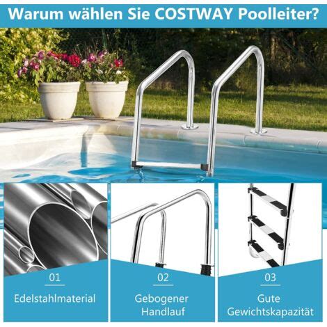 COSTWAY 3 Stufiger Edelstahl Poolleiter Schwimmbad Leiter Bis 150kg