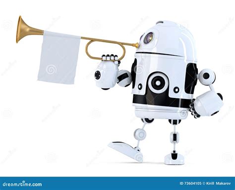 Robot Holds Trumpet With Blank White Flag 3d Illustration Isolated