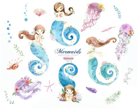 Watercolor Mermaid Clipart Summer Clipart Png Mermaid Etsy