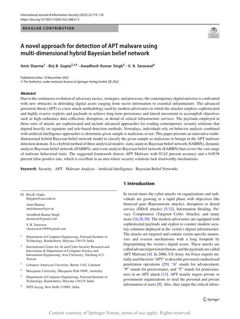 A Novel Approach For Detection Of Apt Malware Using Multi Dimensional Hybrid Bayesian Belief