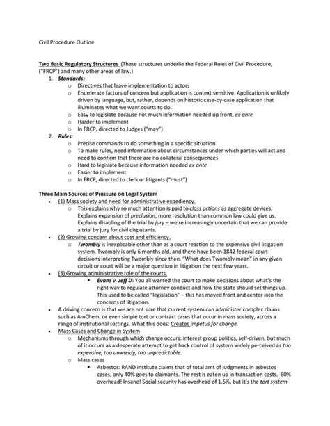 Civil Procedure Outline Frcp And Many Other Areas Of Law Standards