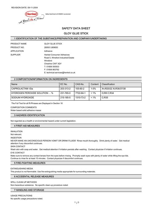 Safety Data Sheet Gloy Glue Stick