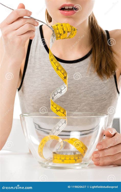 Cropped Shot Of Woman Eating Mesuring Tape Stock Image Image Of