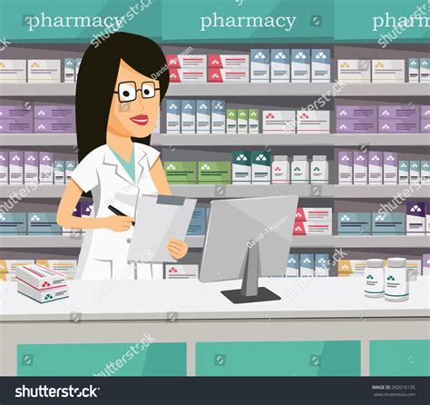 Pharmacist Chemist Woman Pharmacy Sale Vitamins Stock Vector