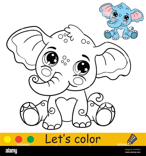 Cute and happy sitting baby elephant. Coloring book page with colorful ...