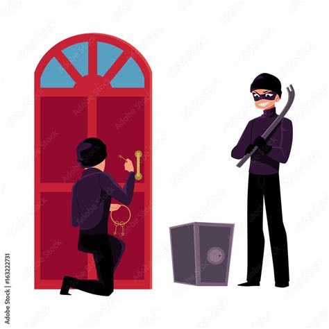 Vecteur Stock Thief Burglar Breaking In House Going To Force Open