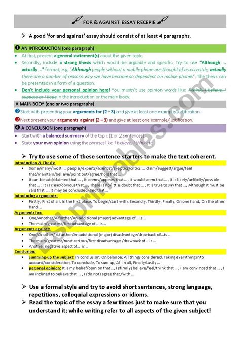 FOR AGAINST ESSAY RECIPE ESL Worksheet By Morenika1