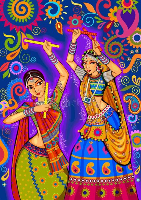 Woman Playing Garba Dance For Dussehra Dandiya Night During Navratri Vector Illustration Dance