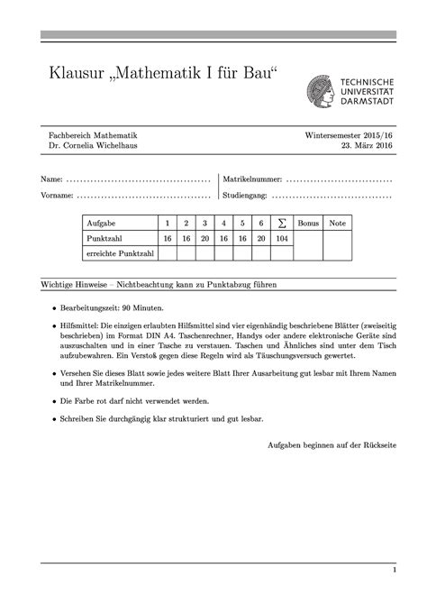 Klausur 23 März Wintersemester 2015 2016 Fragen Klausur Mathematik I