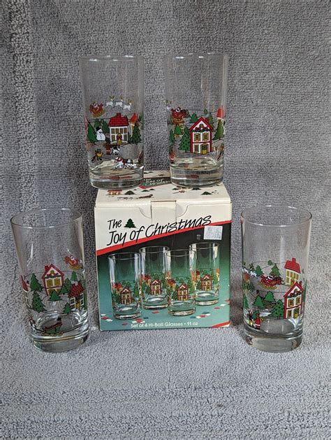 Vintage Holiday Hi Ball Drinking Glasses Set Of 4 Carlton The Joy Of Christmas Ebay