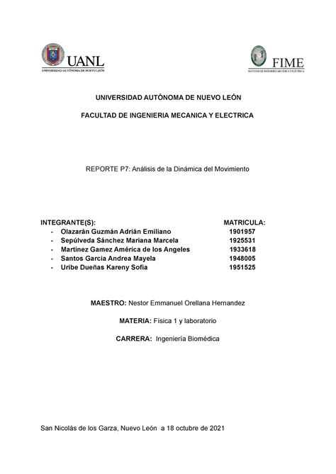 Practica7 Física Universidad AutÓnoma De Nuevo LeÓn Facultad De Ingenieria Mecanica Y