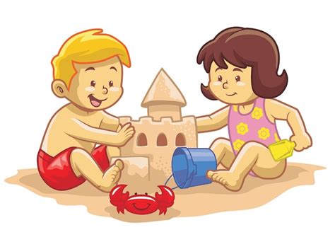 Niños Construyen Castillo De Arena Vector Premium