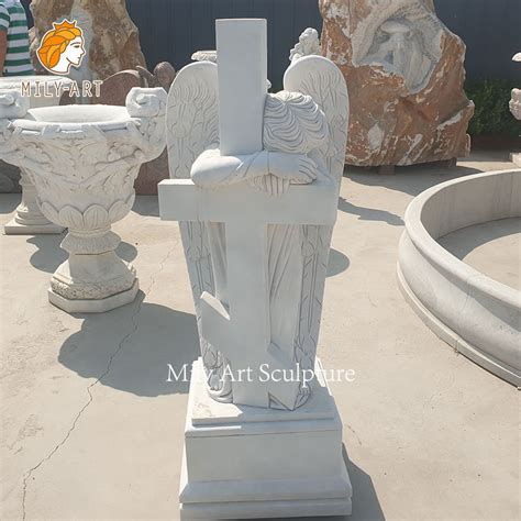 Hand Carved Angel Statue With Cross Headstone Marble Angel Tombstone