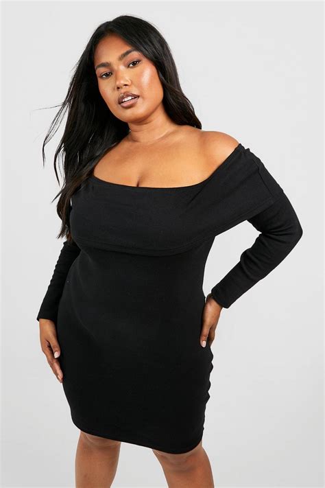 Plus Rib Basic Bardot Bodycon Dress Boohoo Au