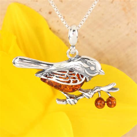 Sterling Silver Baltic Amber Robin Pendant