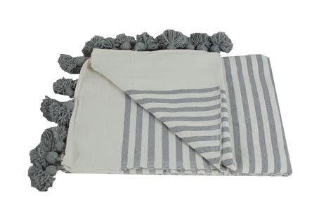 Moroccan Pom Pom Blanket, Grey and White Stripes with Grey Pom Poms ...