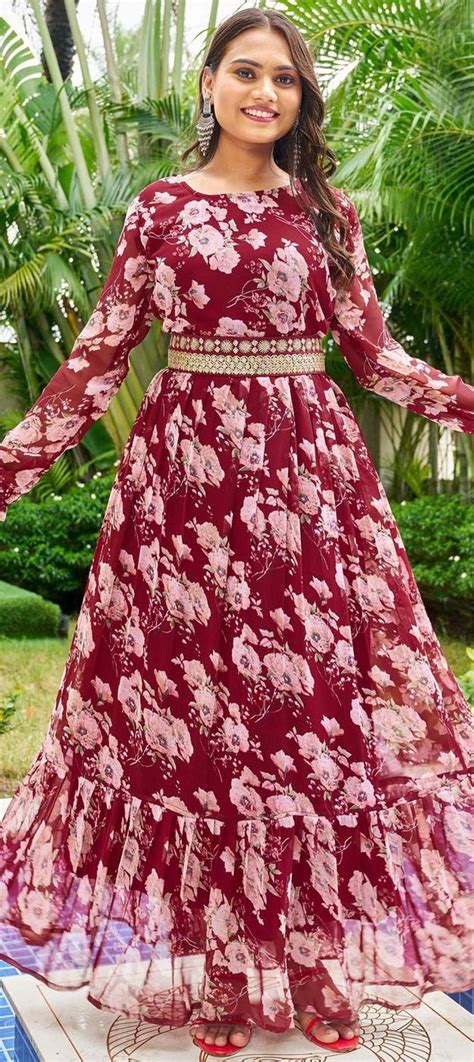 Festive Party Wear Red And Maroon Color Georgette Fabric Gown 1903063