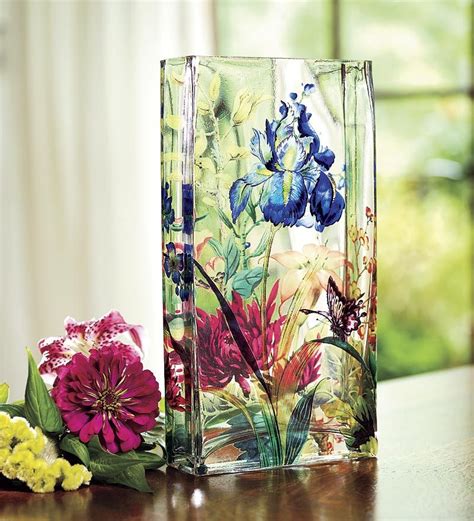 Rectangular Blown Glass Vase With Vintage Botanical Flowers For The Kitchen Window Glass