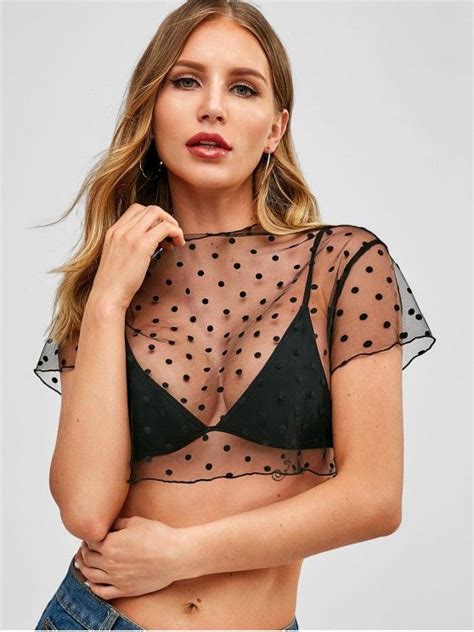 17 Off 2021 Zaful Polka Dot Sheer Mesh Crop Blouse In Black Zaful