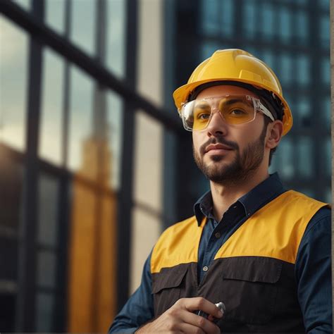 Premium Photo A Man Wearing A Hard Hat And Glasses Stands In Front Of