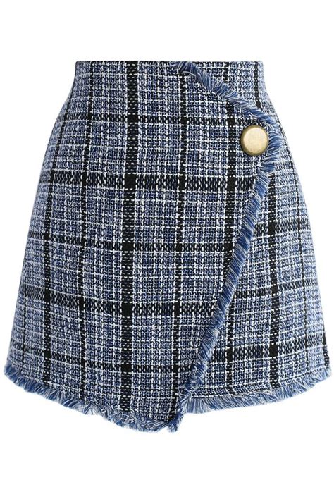 Winsome Asymmetry Grid Tweed Flap Skirt In Navy Skirt Bottoms