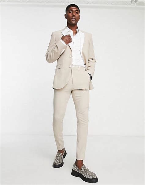 Asos Design Super Skinny Tuxedo Suit In Stone Asos