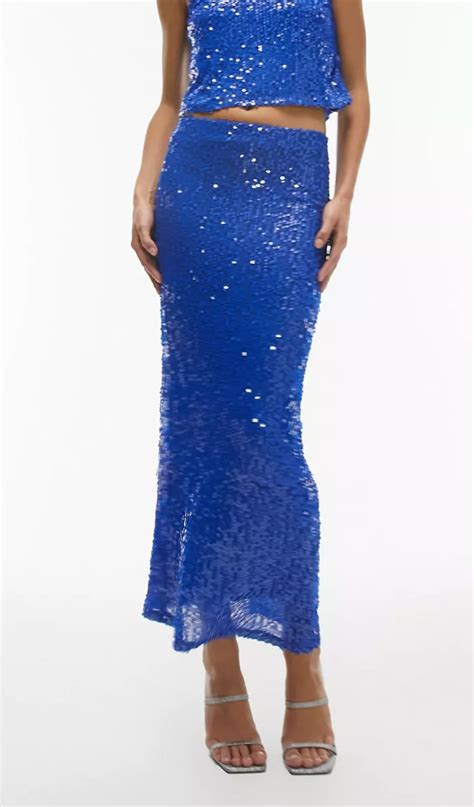 Topshop Co Ord Sequin Maxi Skirt In Cobalt Blue