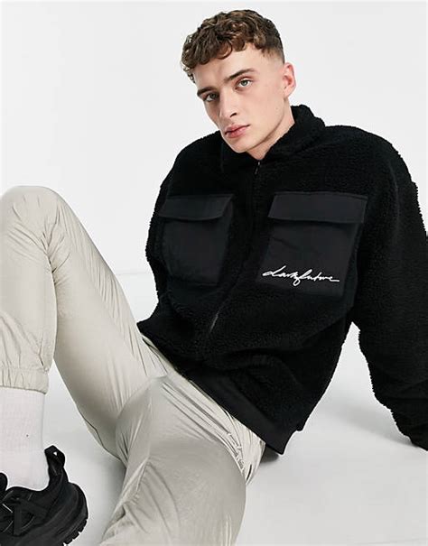 Asos Dark Future Oversized Shacket In Teddy Fleece With Chest Pockets And Back Logo Embroidery