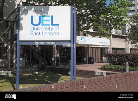 A 'Welcome to University of East London" sign outside the Duncan House building in Stratford ...