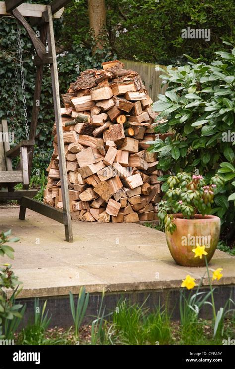 Circular wood stack or holz hausen with oak firewood seasoning in a ...