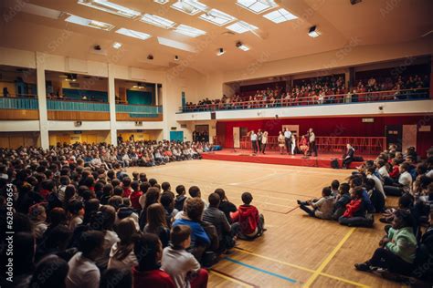 Community And Shared Experiences A Panoramic View Of A School Assembly Hall During An Event