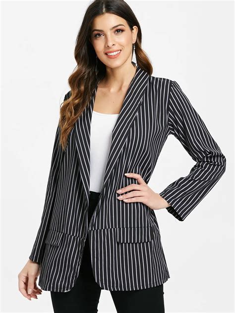 Kenancy Vertical Stripe Blazer With Faux Pockets Lapel Collar Womens