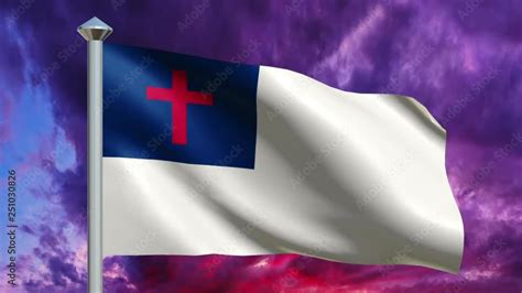 A Christian Flag With Red Cross In A Blue Square On A White Background