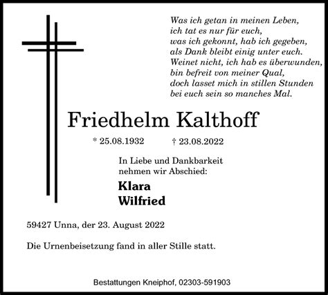 Traueranzeigen Von Friedhelm Kalthoff Sich Erinnern De