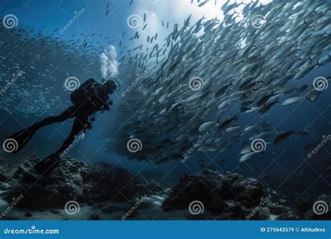 Scuba Diver Descending Into Crystal Clear Underwater World Surrounded