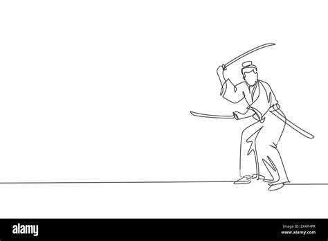 One Single Line Drawing Of Young Japanese Samurai Warrior Holding