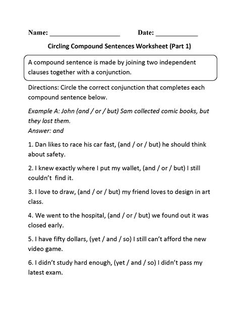 Simple Compound Complex Compound Complex Sentences Worksheet