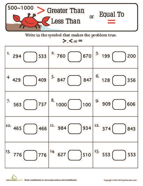 Second Grade Math Worksheets Greater Than Less Than Equal To 3