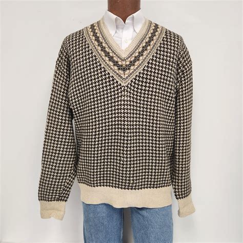 Vintage S Men S Large Nautica Earth Tones Houndstooth Tennis V