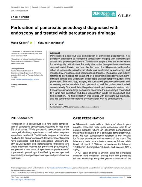 (PDF) Perforation of pancreatic pseudocyst diagnosed with endoscopy and treated with ...