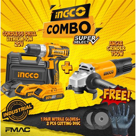 INGCO COMBO Cordless Drill Lithium Ion 20V Angle Grinder 750W