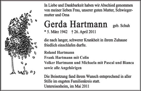 Traueranzeigen Von Gerda Hartmann Trauerundgedenken De