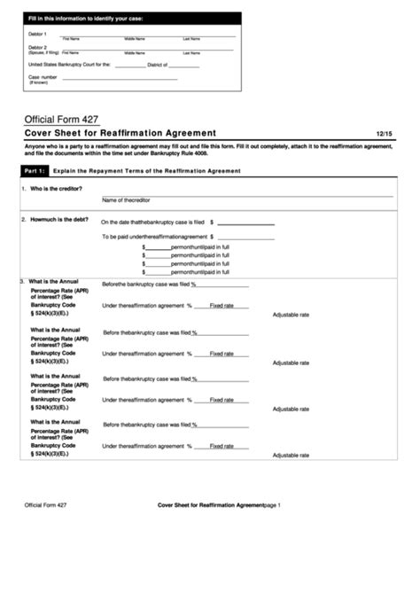 Fillable Official Form 427 Cover Sheet For Reaffirmation Agreement Printable Pdf Download