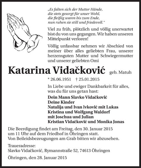 Traueranzeigen Von Katarina Vidackovic Trauerundgedenken De