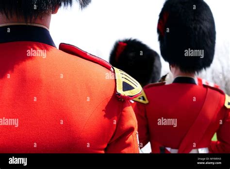 Three traditional militaries in red with furs black hat wearing gallon ...