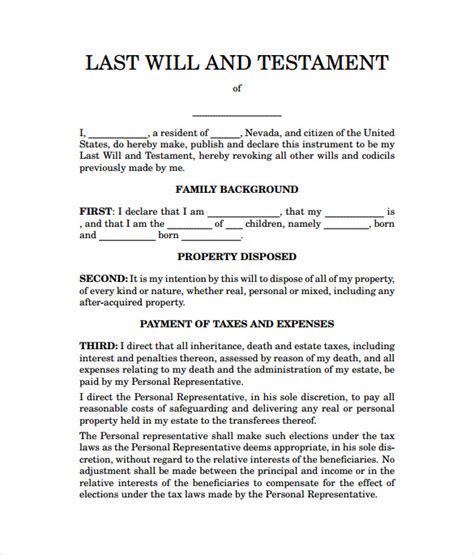 Last Will And Testament Free Printable Format