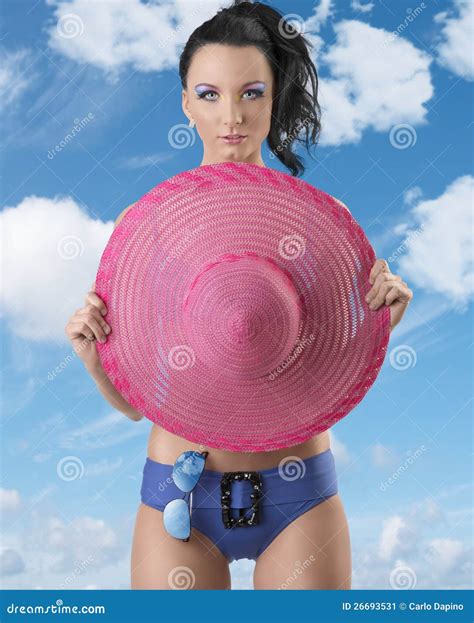 Pretty Brunette In Bikini With Pink Hat Stock Image Image Of Female