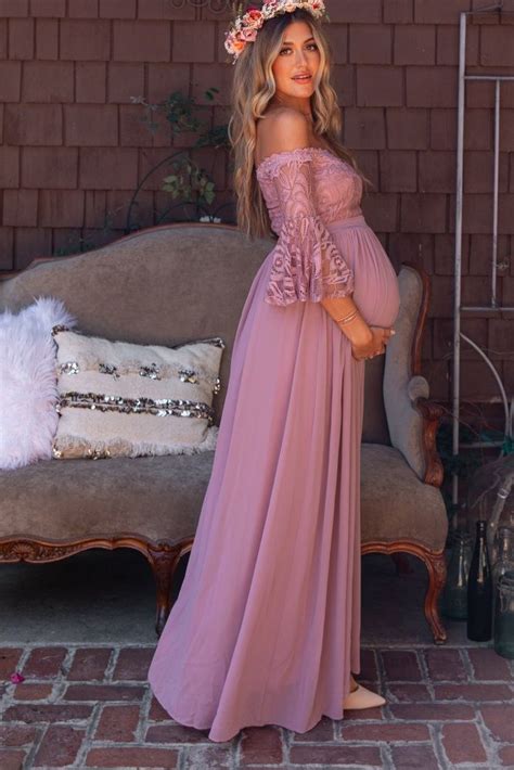 Mauve Lace Off Shoulder Evening Gown Maternity Evening Gowns Off