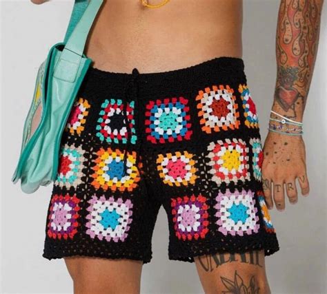 Granny Square Shorts Colorful Men S Ethnic Shorts Unisex Hand Knitted